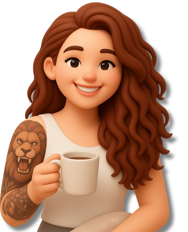 Personagem de Luciana, sorrindo com uma xícara de café